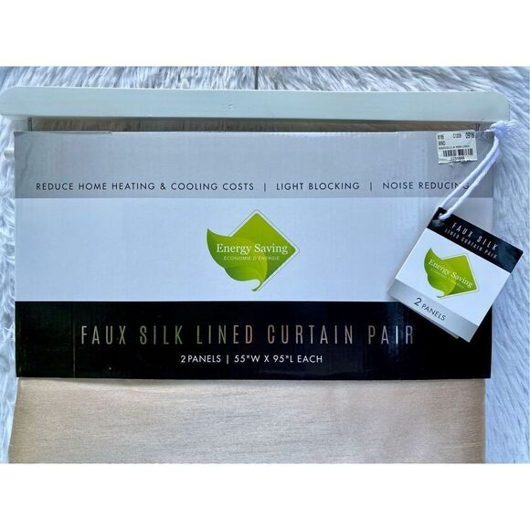 NWT Set Of 2 Faux Silk Lined MARCELLA Tan Light Blocking 55”X95” Panels … - Picture 2 of 12